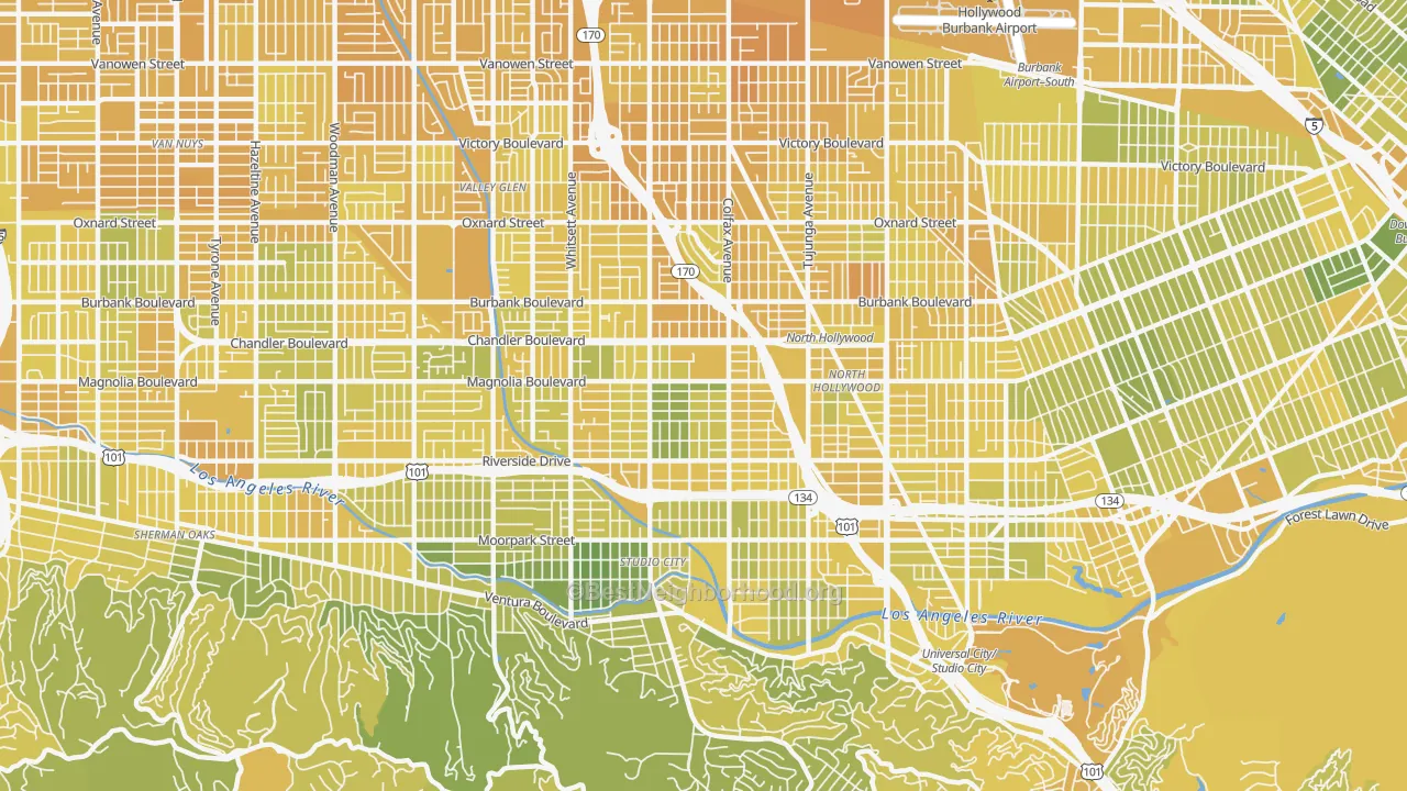 Map of the best neighborhoods in the Valley Village area, with better matches in green and worse matches in red