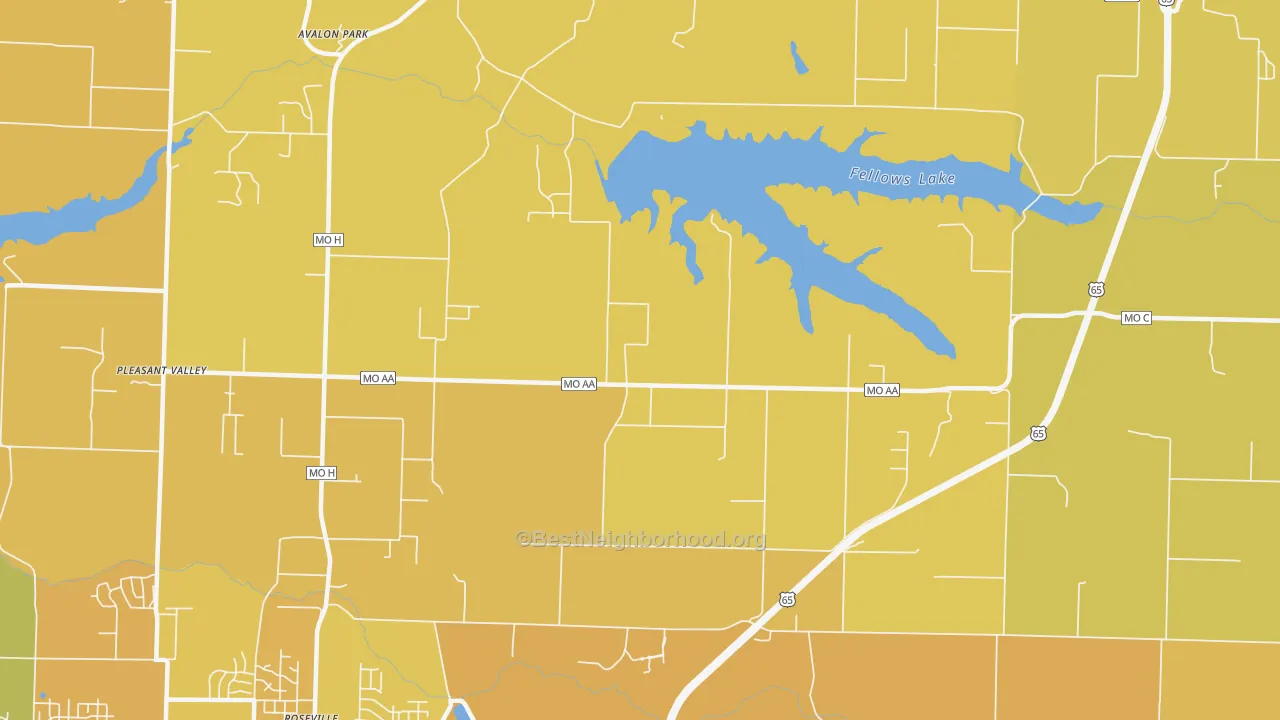Map of the best neighborhoods in the Valley Water Mills area, with better matches in green and worse matches in red