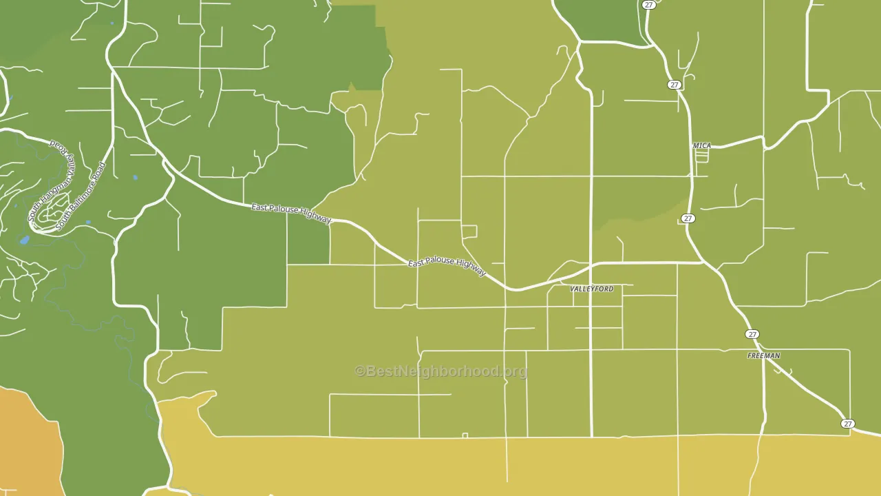 Map of the best neighborhoods in the Valleyford area, with better matches in green and worse matches in red