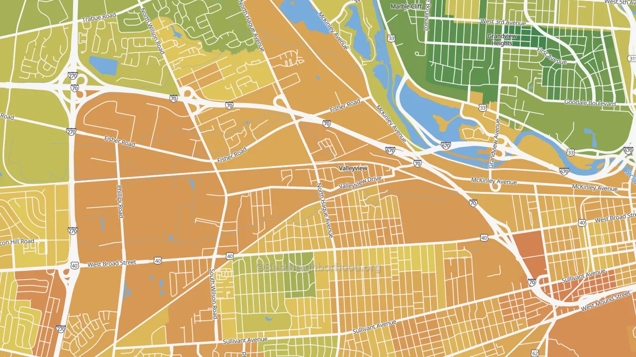 Map of the best neighborhoods in the Valleyview area, with better matches in green and worse matches in red