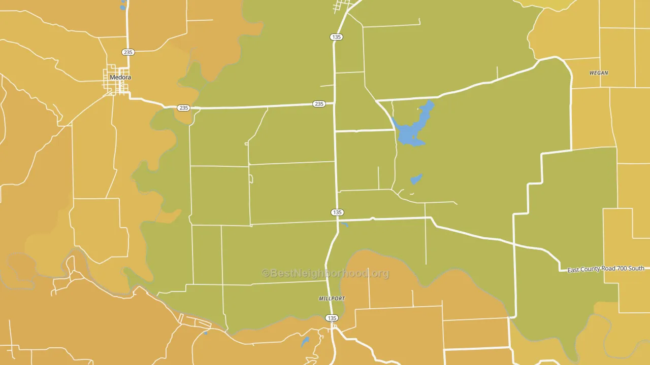 Map of the best neighborhoods in the Vallonia area, with better matches in green and worse matches in red