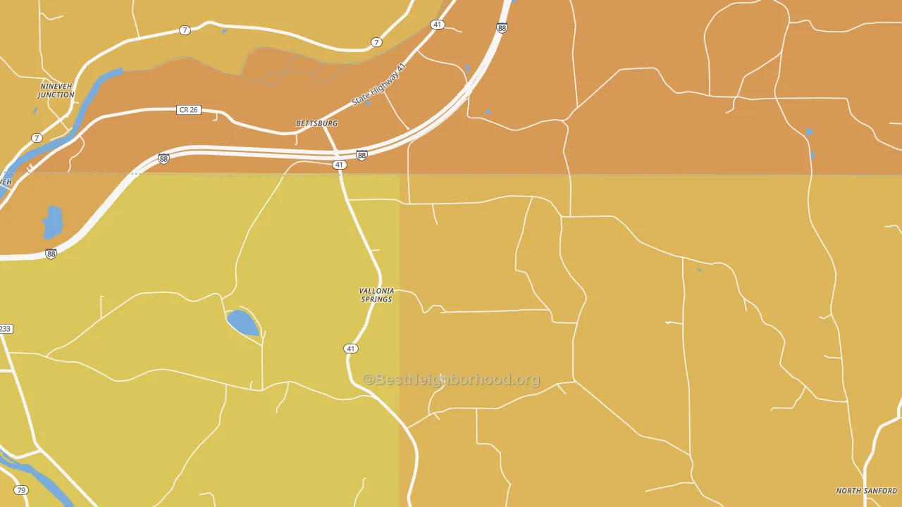Map of the best neighborhoods in the Vallonia Springs area, with better matches in green and worse matches in red