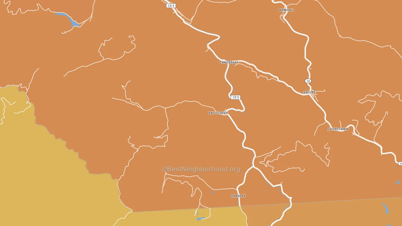 Map of the best neighborhoods in the Vallscreek area, with better matches in green and worse matches in red