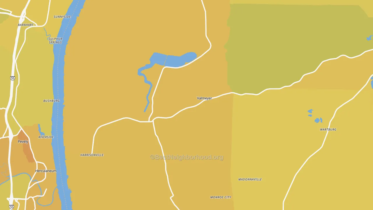 Map of the best neighborhoods in the Valmeyer area, with better matches in green and worse matches in red