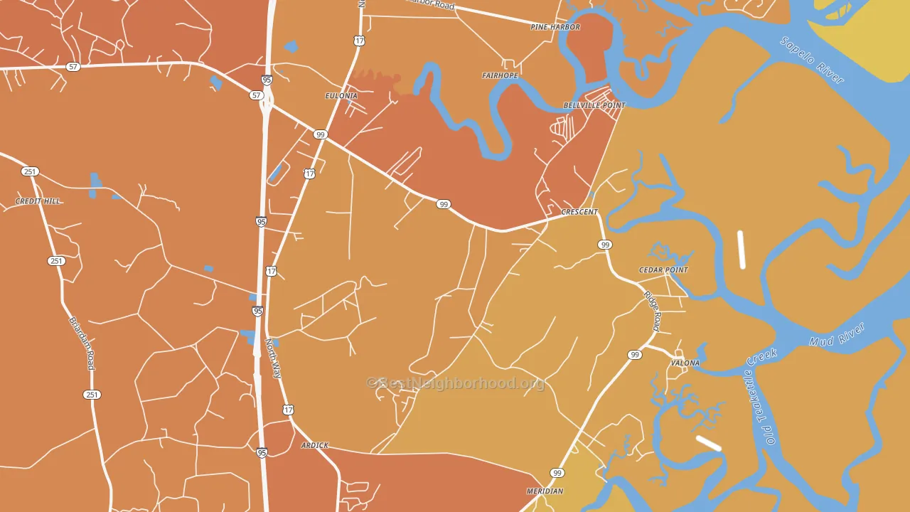 Map of the best neighborhoods in the Valona area, with better matches in green and worse matches in red