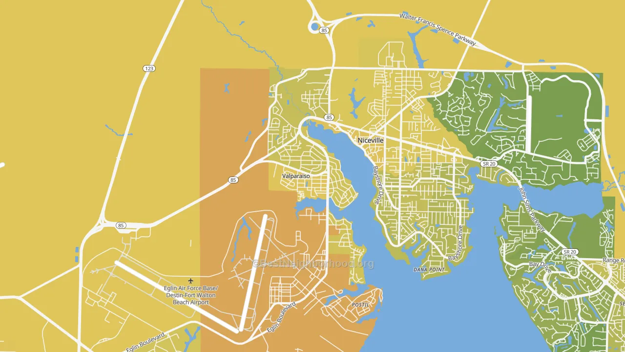 Map of the best neighborhoods in the Valparaiso area, with better matches in green and worse matches in red