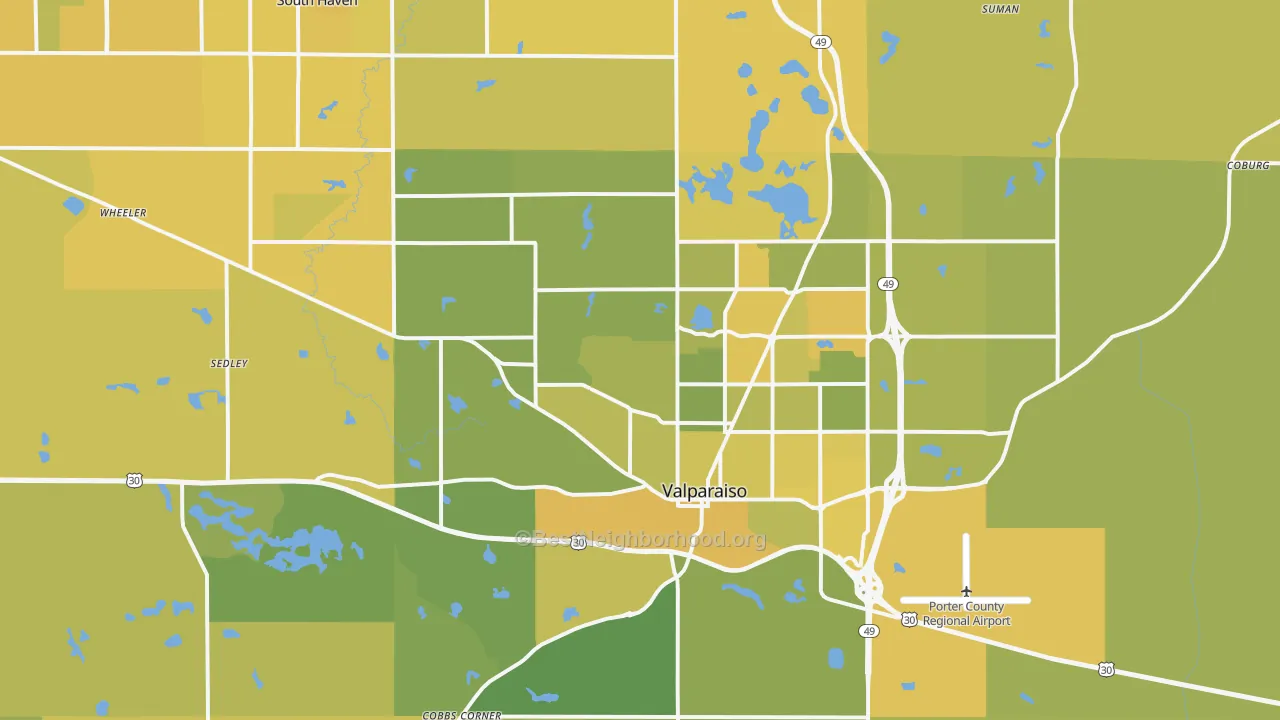 Map of the best neighborhoods in the Valparaiso area, with better matches in green and worse matches in red