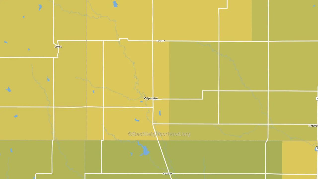 Map of the best neighborhoods in the Valparaiso area, with better matches in green and worse matches in red