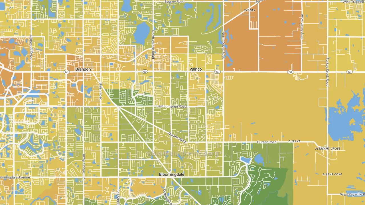 Map of the best neighborhoods in the Valrico area, with better matches in green and worse matches in red