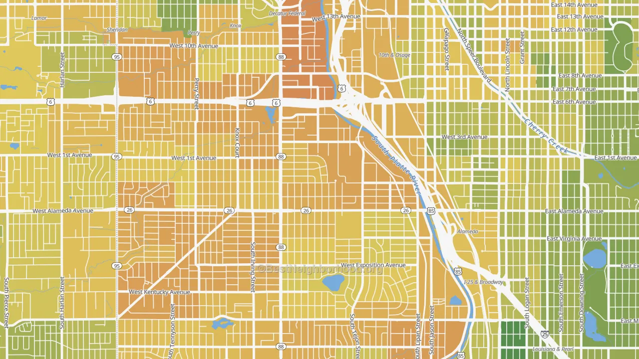 Map of the best neighborhoods in the Valverde, Denver area, with better matches in green and worse matches in red