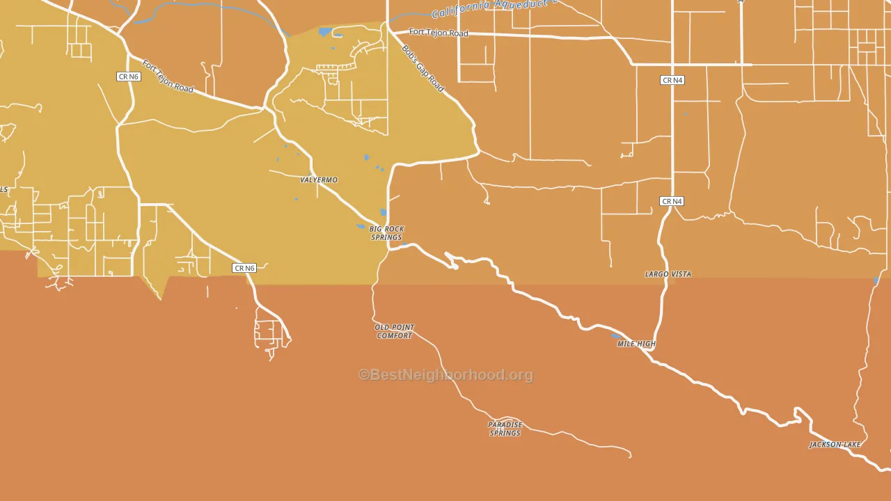Map of the best neighborhoods in the Valyermo area, with better matches in green and worse matches in red