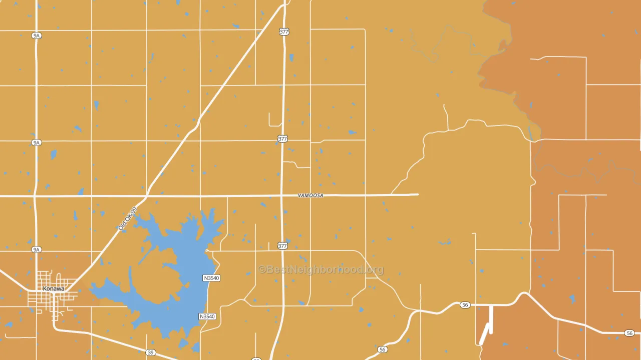 Map of the best neighborhoods in the Vamoosa area, with better matches in green and worse matches in red