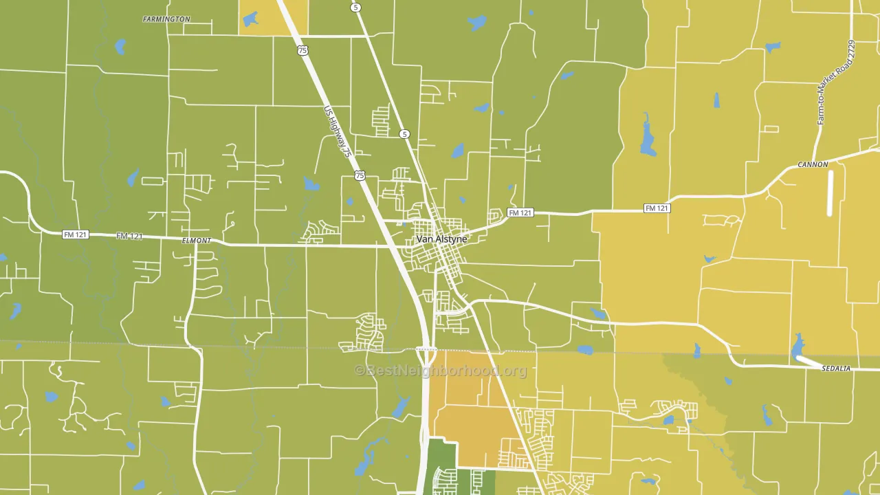 Map of the best neighborhoods in the Van Alstyne area, with better matches in green and worse matches in red