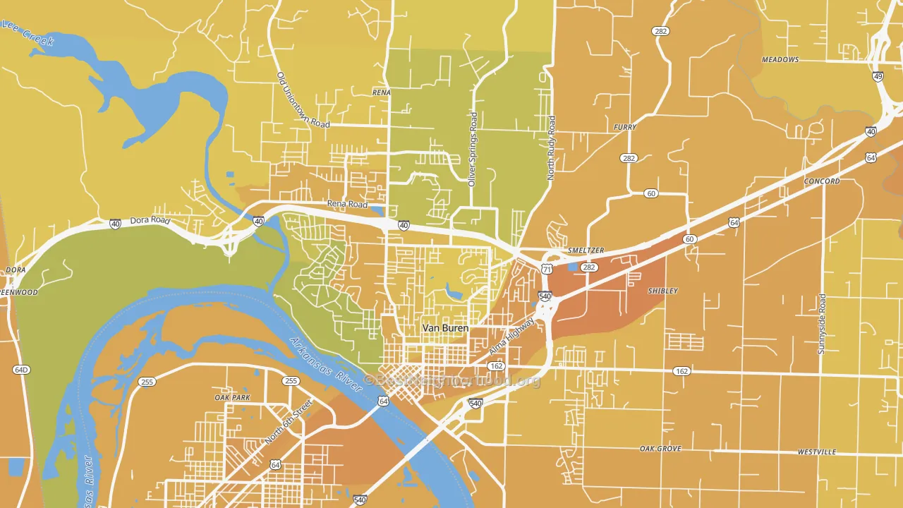Map of the best neighborhoods in the Van Buren area, with better matches in green and worse matches in red