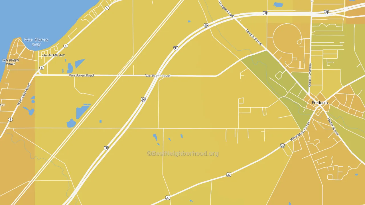 Map of the best neighborhoods in the Van Buren Bay area, with better matches in green and worse matches in red