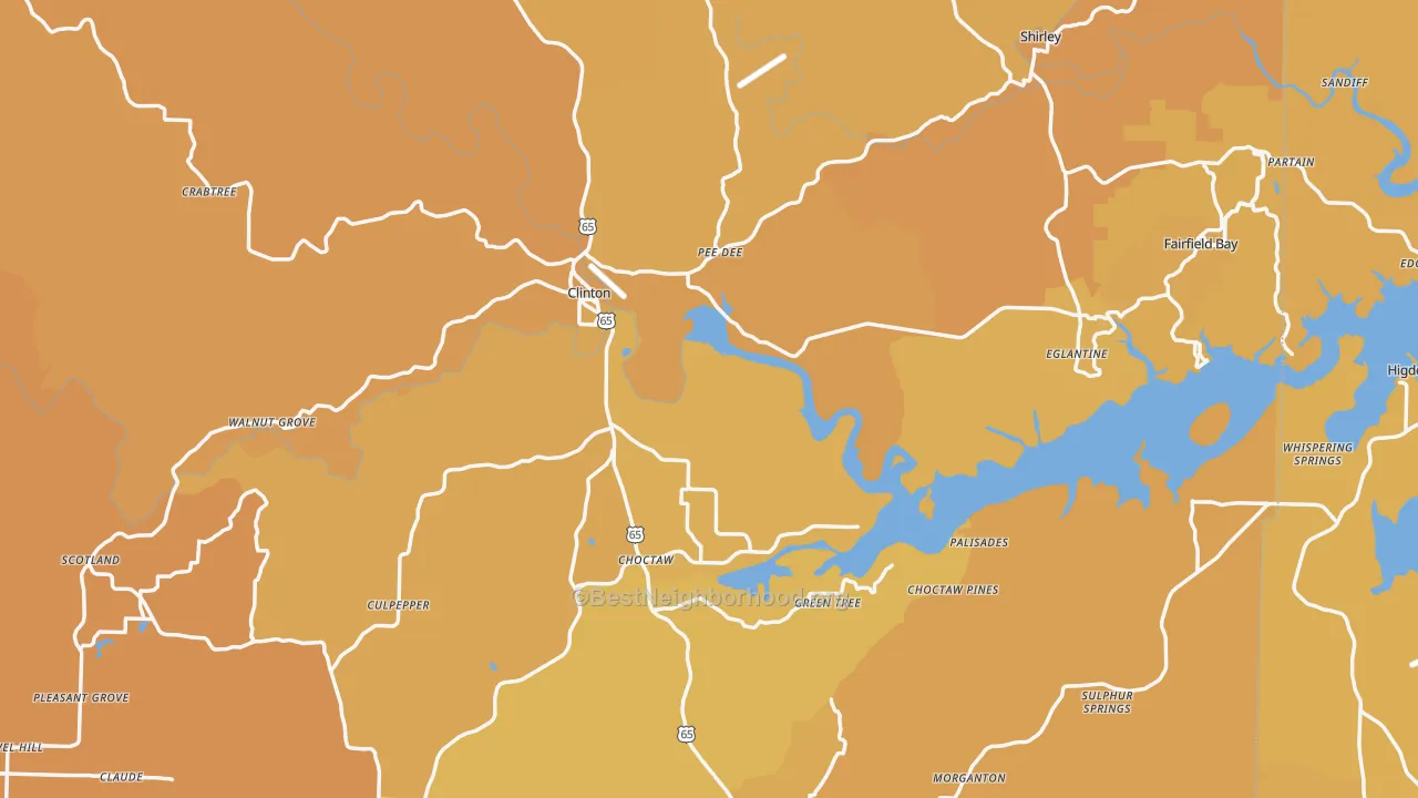 Map of the best neighborhoods in the Van Buren County area, with better matches in green and worse matches in red