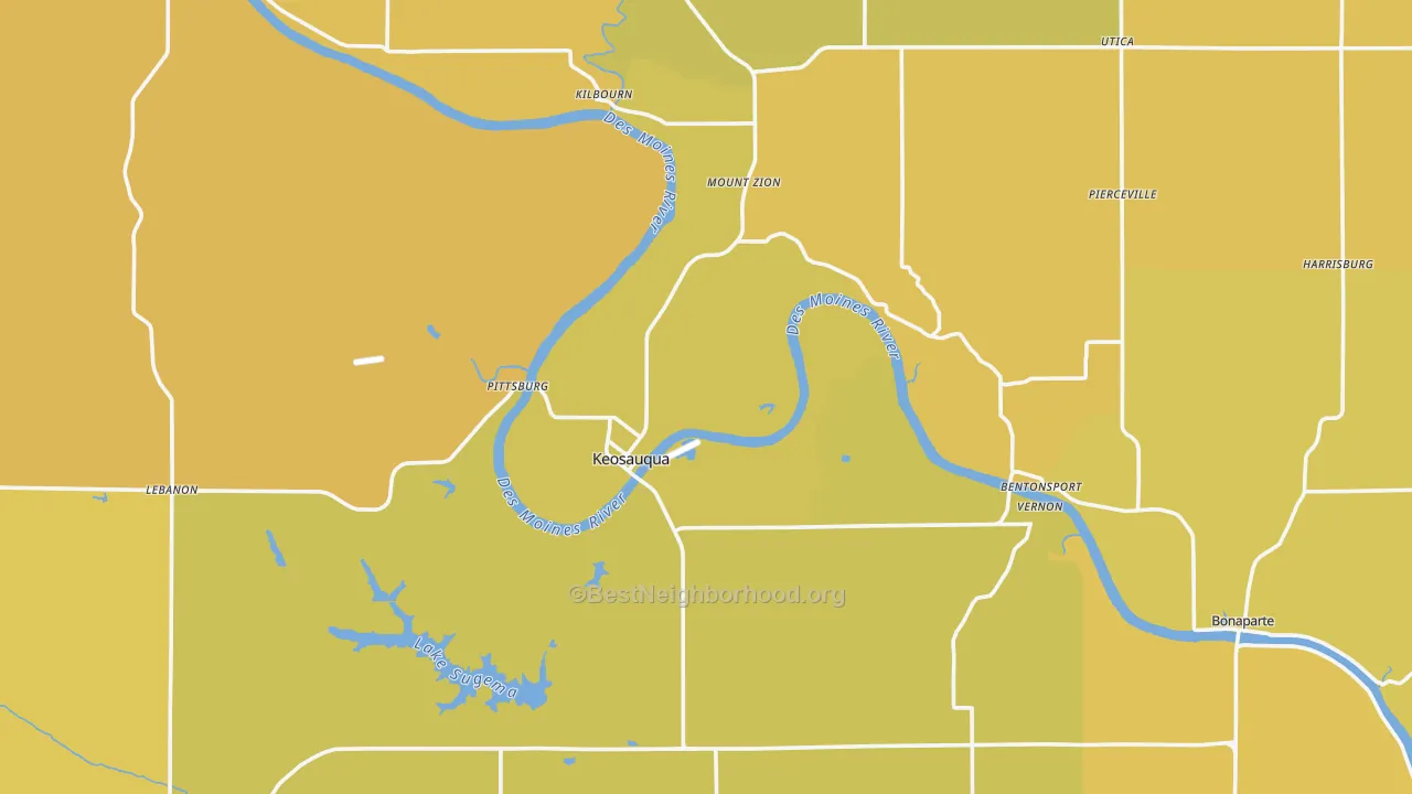 Map of the best neighborhoods in the Van Buren County area, with better matches in green and worse matches in red