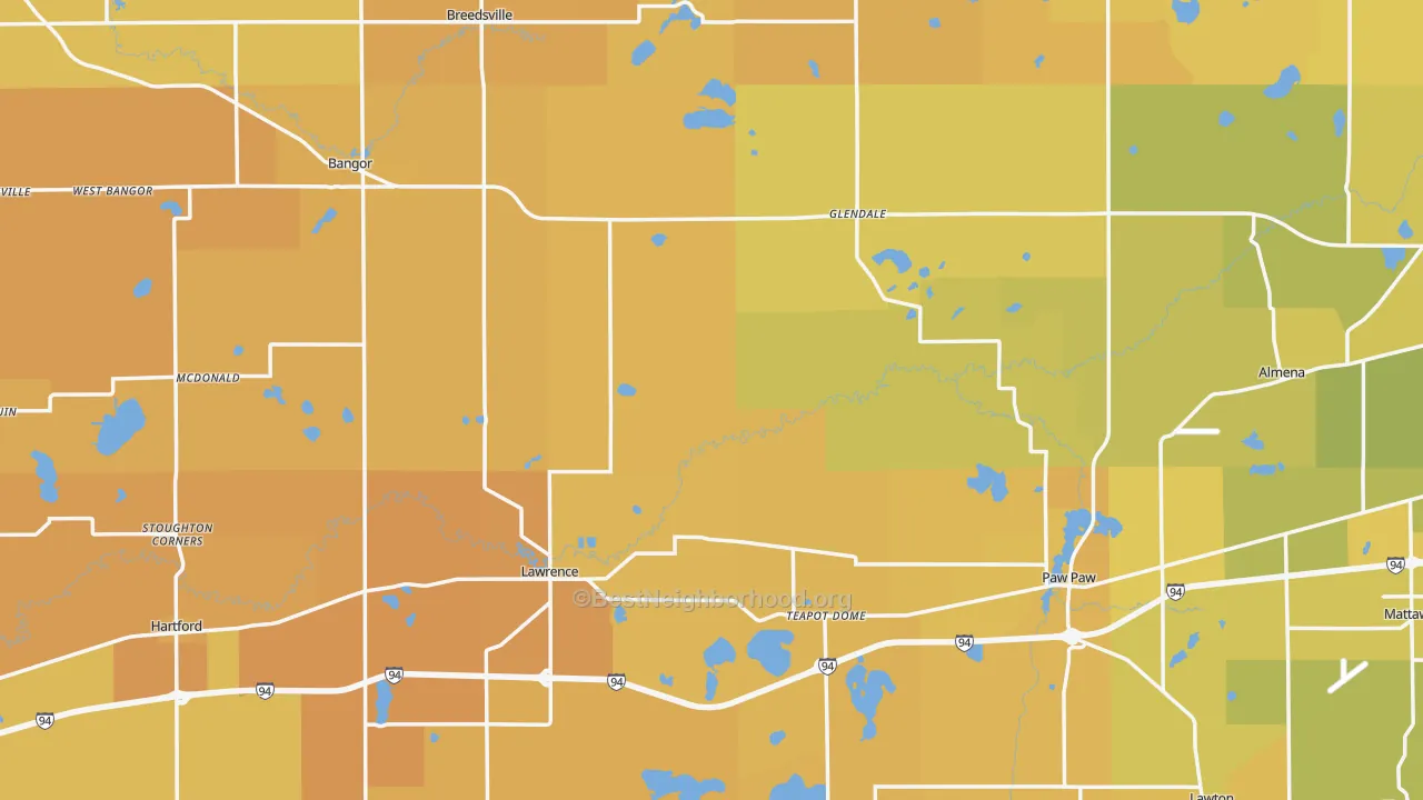 Map of the best neighborhoods in the Van Buren County area, with better matches in green and worse matches in red