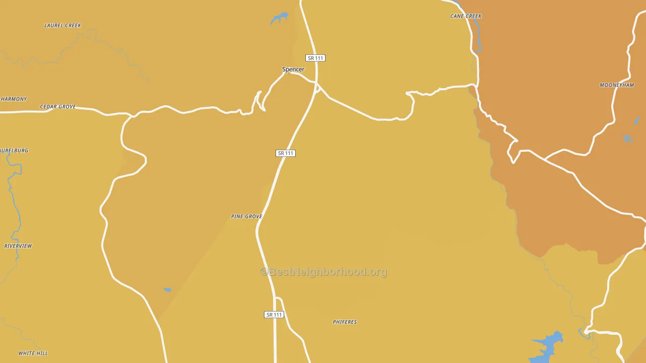 Map of the best neighborhoods in the Van Buren County area, with better matches in green and worse matches in red