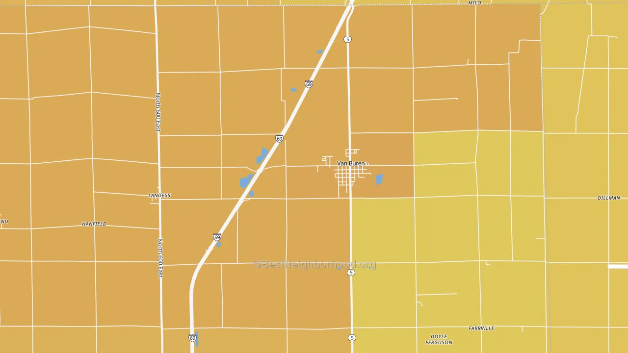 Map of the best neighborhoods in the Van Buren area, with better matches in green and worse matches in red