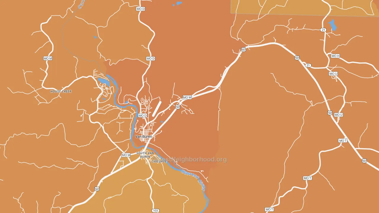 Map of the best neighborhoods in the Van Buren area, with better matches in green and worse matches in red