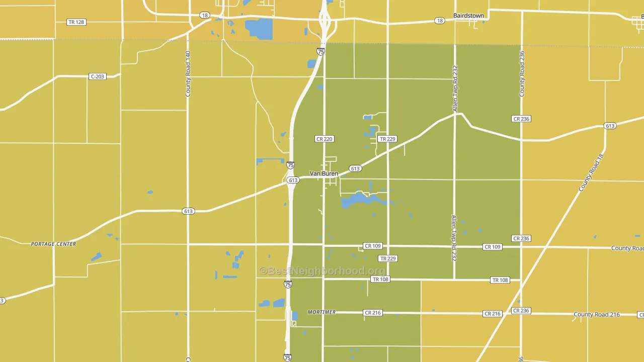 Map of the best neighborhoods in the Van Buren area, with better matches in green and worse matches in red