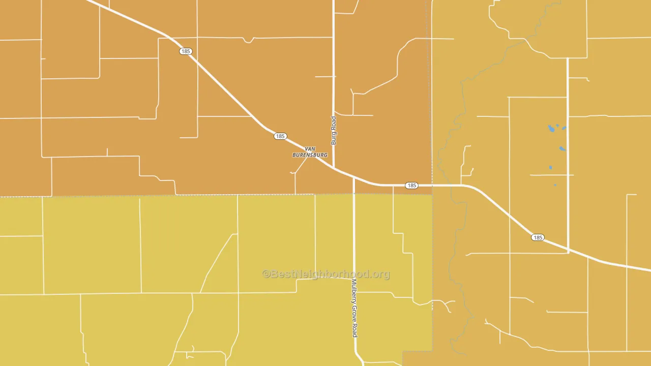 Map of the best neighborhoods in the Van Burensburg area, with better matches in green and worse matches in red