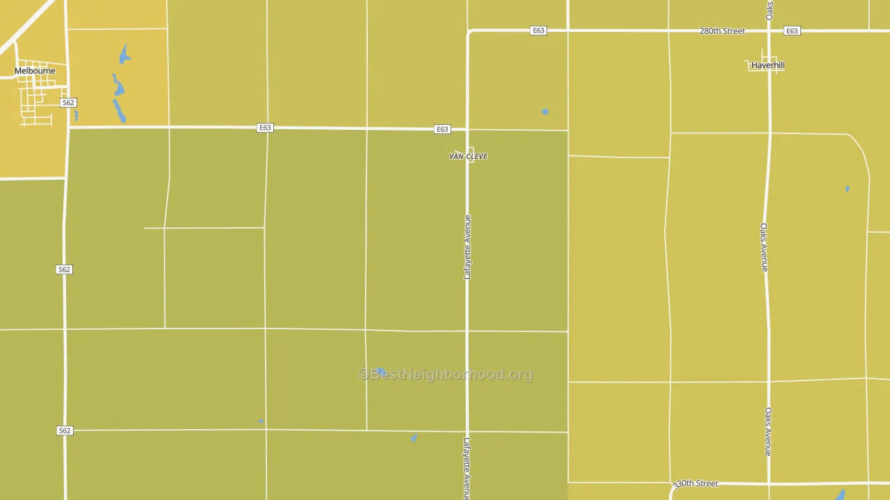 Map of the best neighborhoods in the Van Cleve area, with better matches in green and worse matches in red