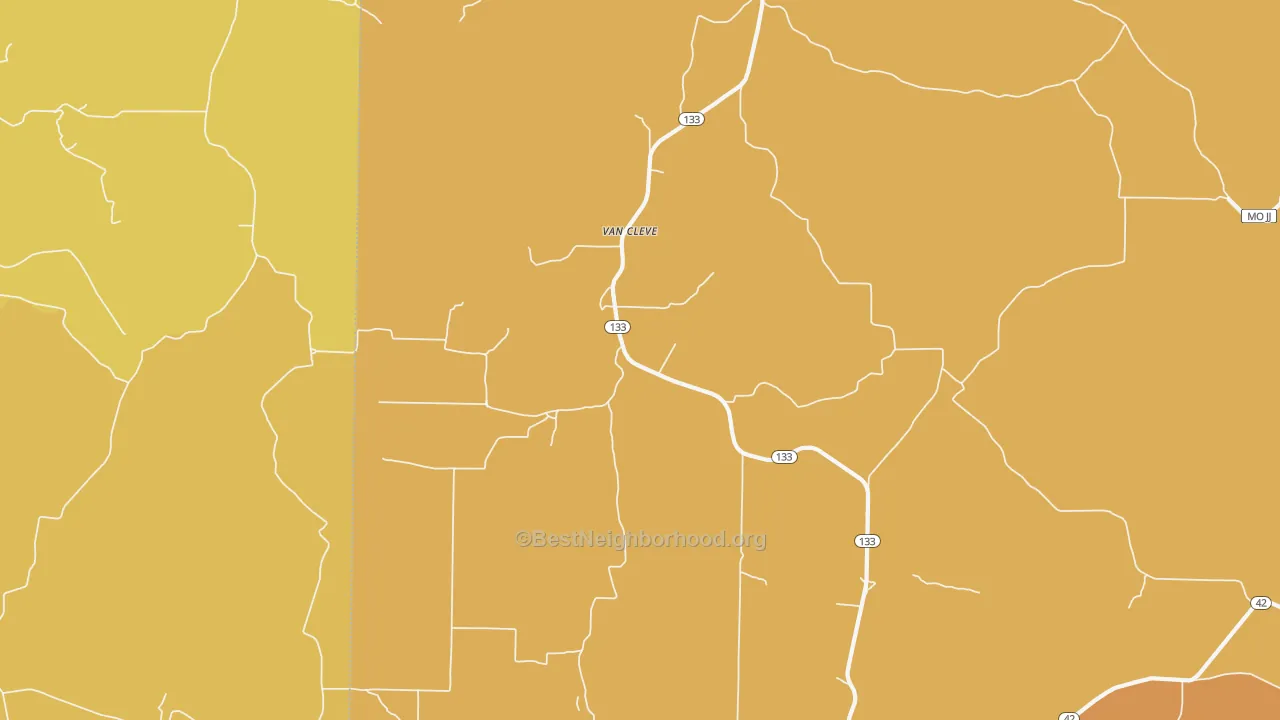 Map of the best neighborhoods in the Van Cleve area, with better matches in green and worse matches in red