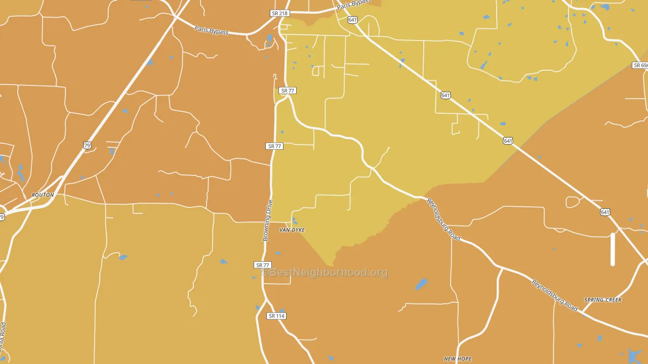 Map of the best neighborhoods in the Van Dyke area, with better matches in green and worse matches in red