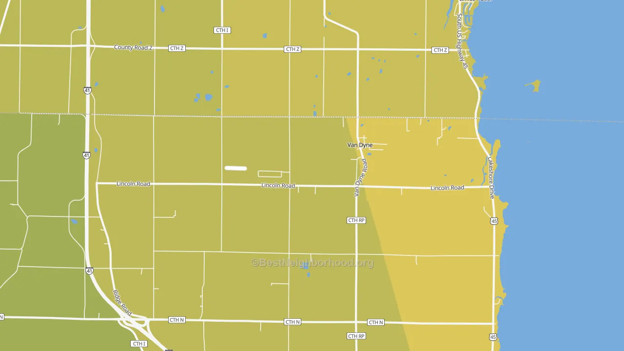 Map of the best neighborhoods in the Van Dyne area, with better matches in green and worse matches in red