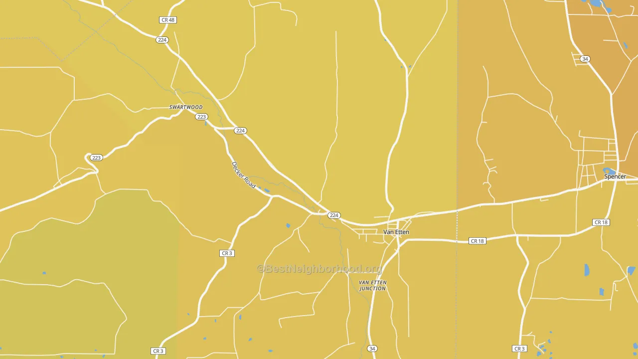 Map of the best neighborhoods in the Van Etten area, with better matches in green and worse matches in red