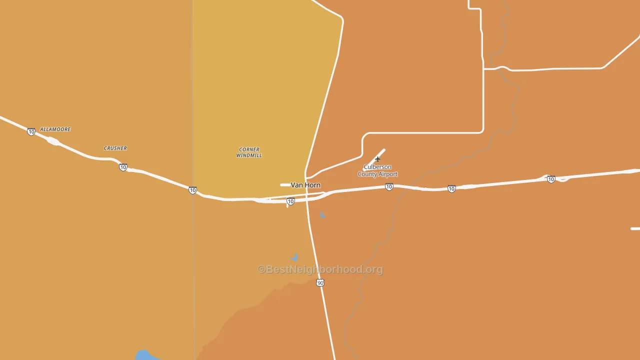 Map of the best neighborhoods in the Van Horn area, with better matches in green and worse matches in red