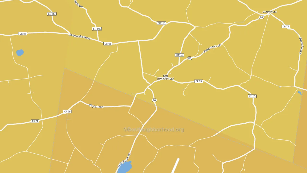 Map of the best neighborhoods in the Van Hornesville area, with better matches in green and worse matches in red
