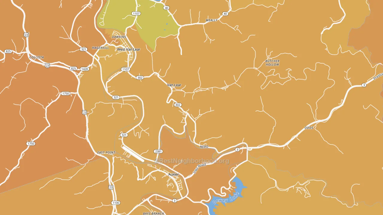 Map of the best neighborhoods in the Van Lear area, with better matches in green and worse matches in red