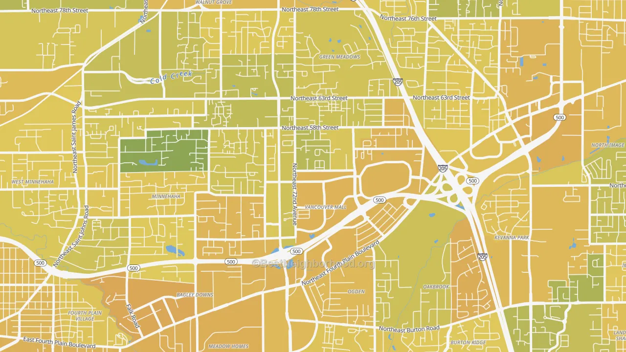 Map of the best neighborhoods in the Van Mall, Vancouver area, with better matches in green and worse matches in red