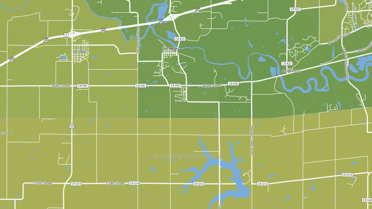 Map of the best neighborhoods in the Van Meter area, with better matches in green and worse matches in red