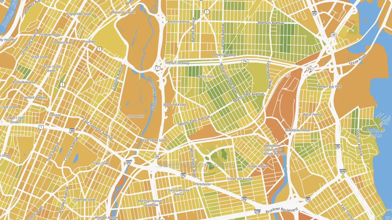 Map of the best neighborhoods in the Van Nest, Bronx area, with better matches in green and worse matches in red