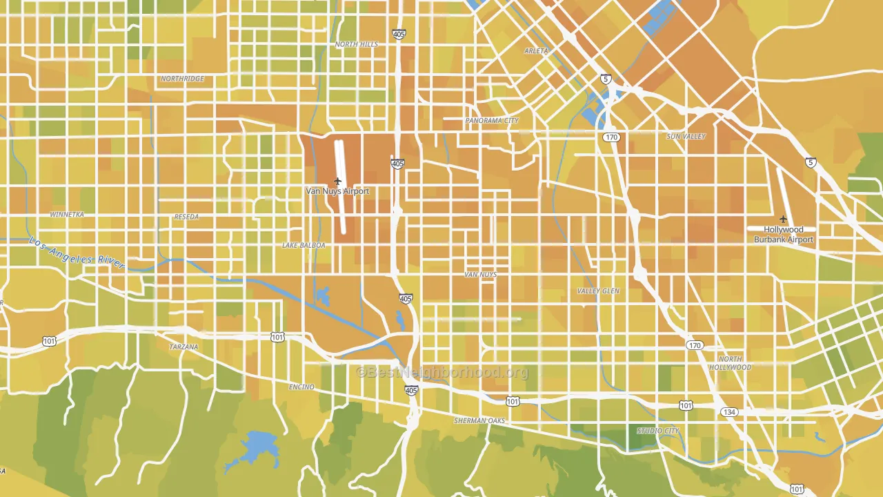 Map of the best neighborhoods in the Van Nuys area, with better matches in green and worse matches in red