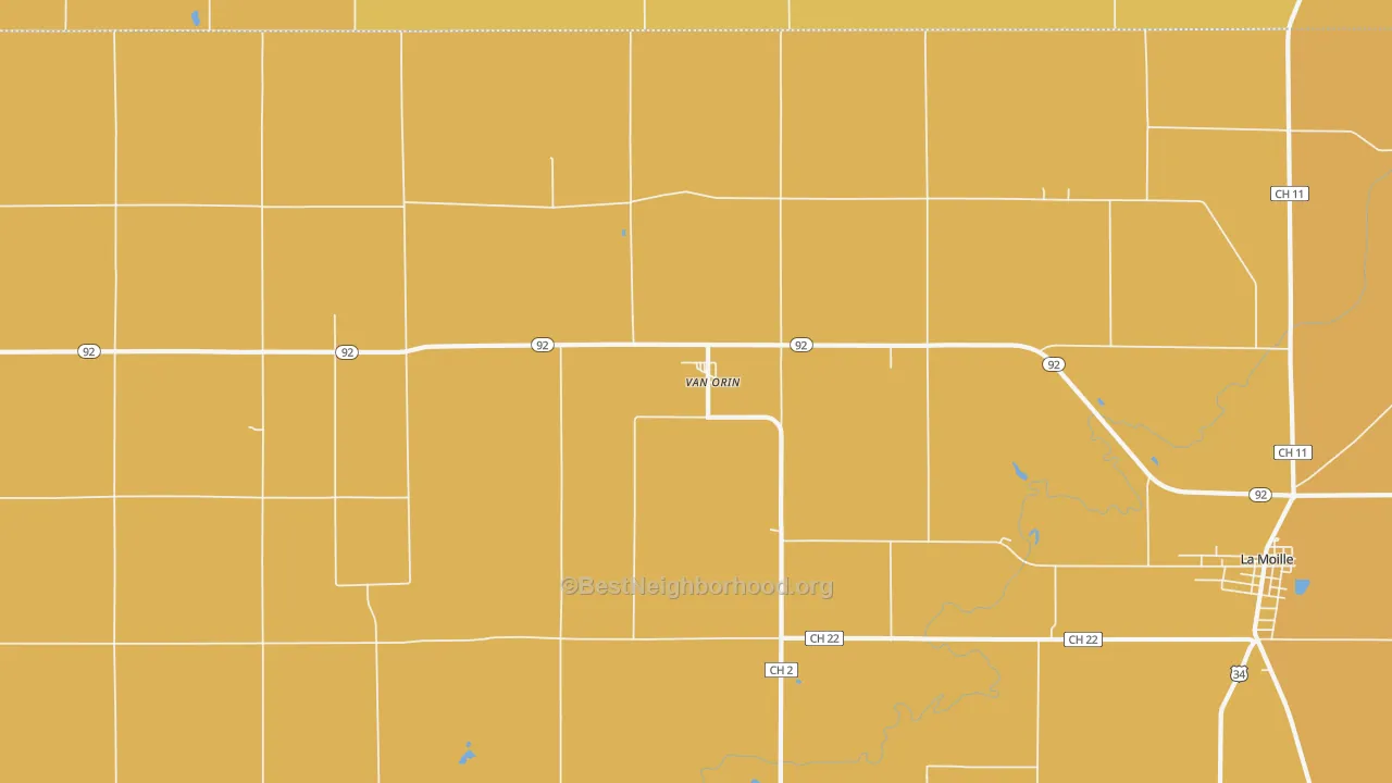 Map of the best neighborhoods in the Van Orin area, with better matches in green and worse matches in red