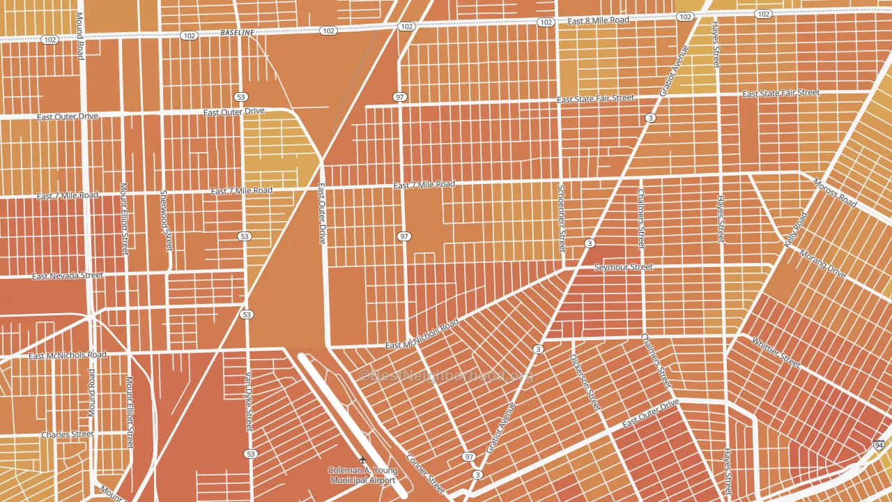 Map of the best neighborhoods in the Van Steuban, Detroit area, with better matches in green and worse matches in red