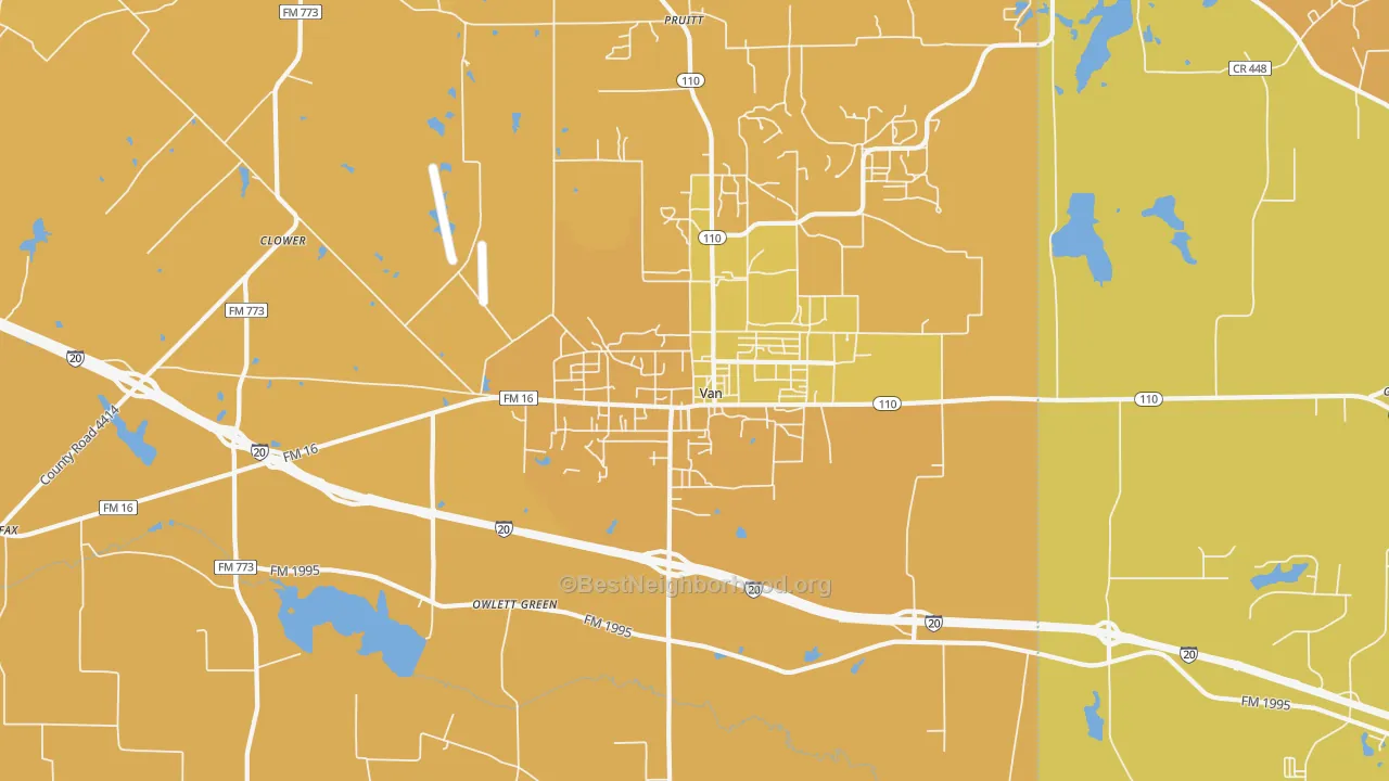 Map of the best neighborhoods in the Van area, with better matches in green and worse matches in red