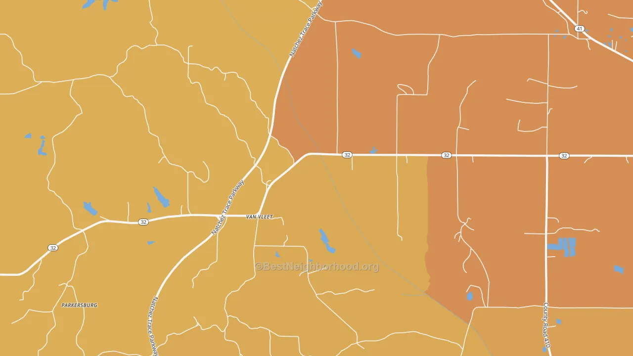 Map of the best neighborhoods in the Van Vleet area, with better matches in green and worse matches in red