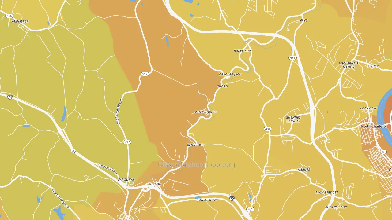 Map of the best neighborhoods in the Van Voorhis area, with better matches in green and worse matches in red