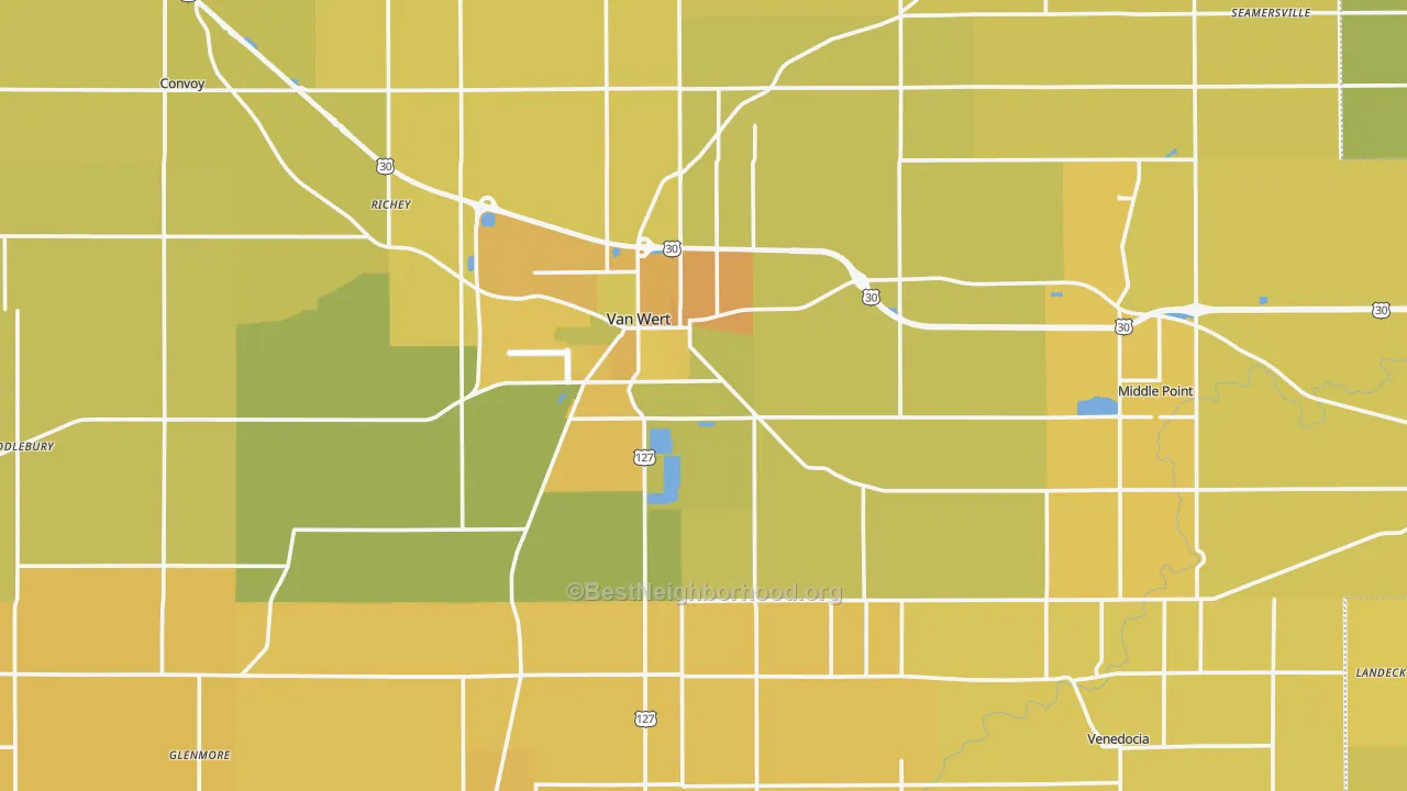 Map of the best neighborhoods in the Van Wert County area, with better matches in green and worse matches in red