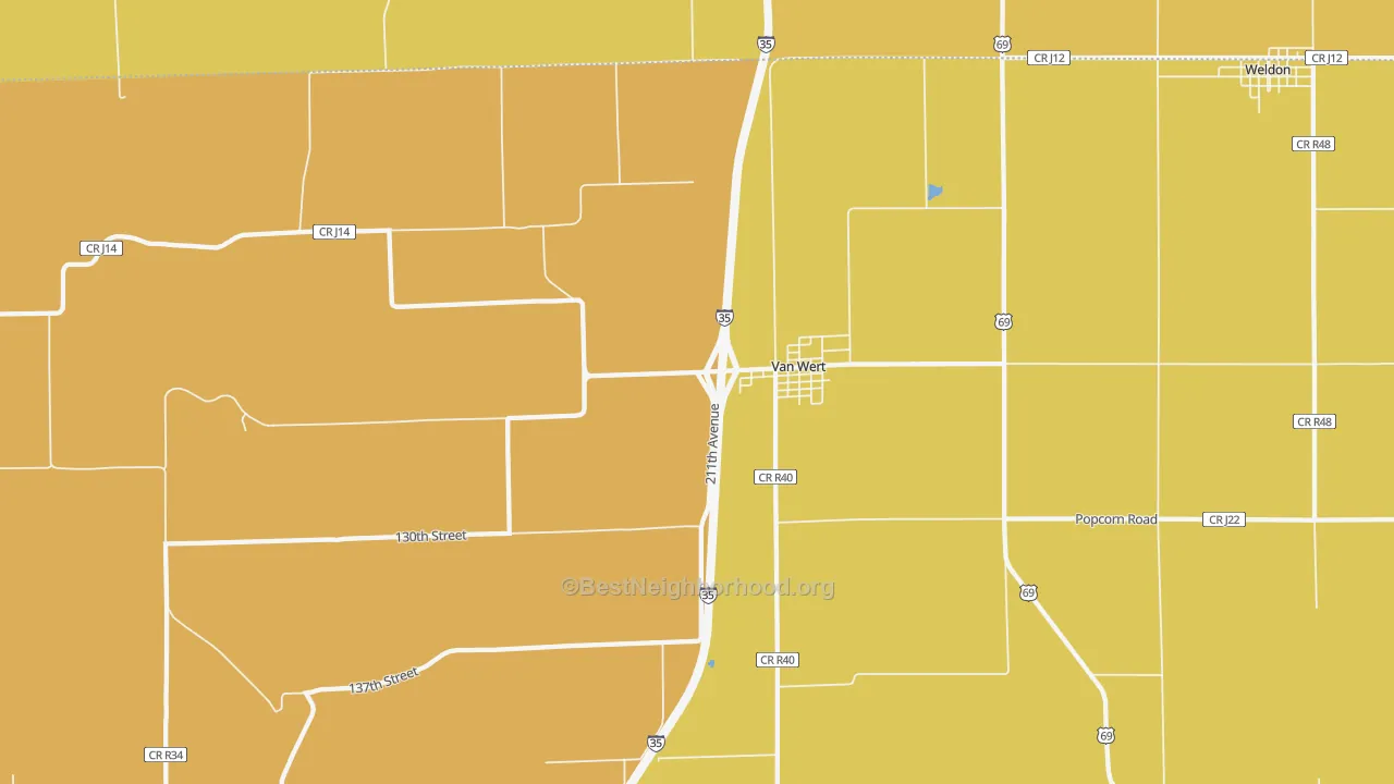 Map of the best neighborhoods in the Van Wert area, with better matches in green and worse matches in red