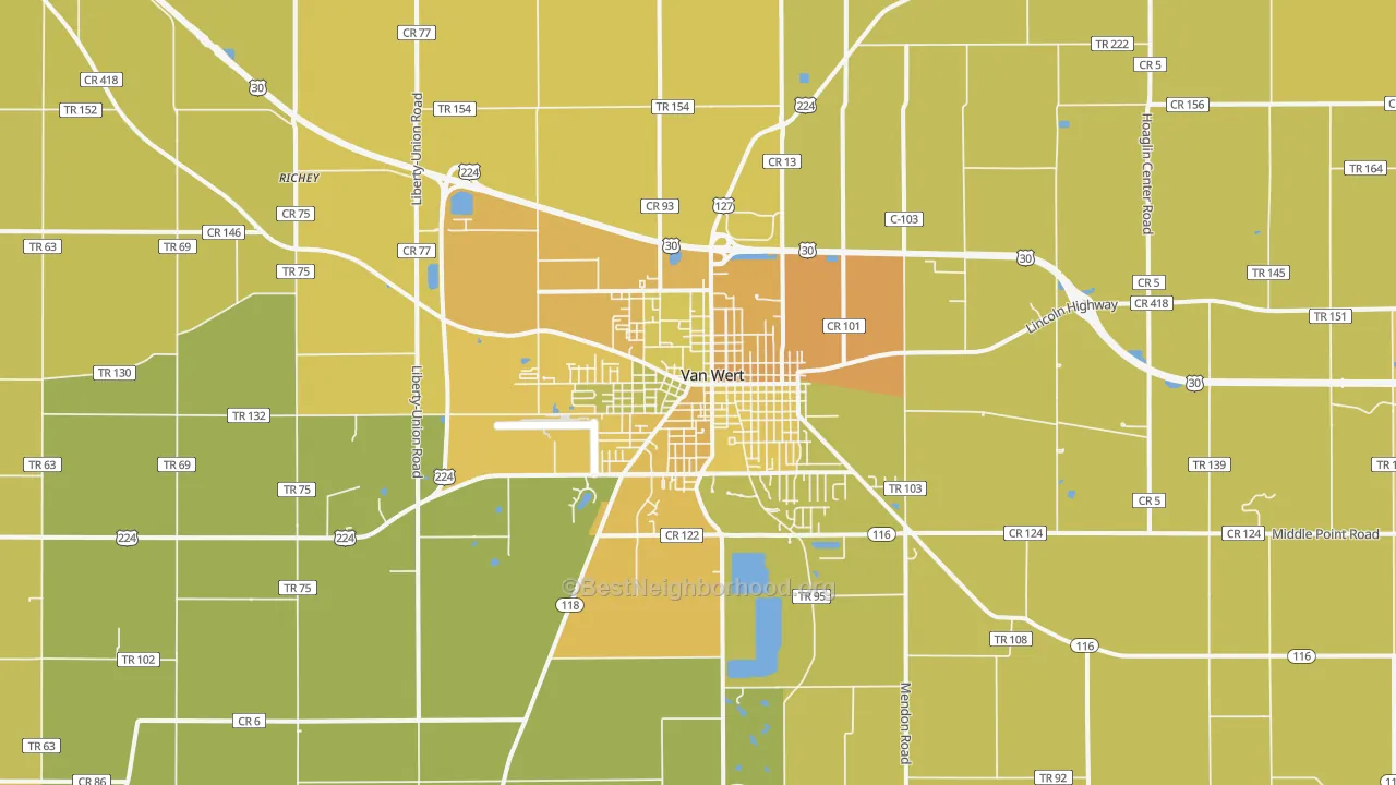Map of the best neighborhoods in the Van Wert area, with better matches in green and worse matches in red