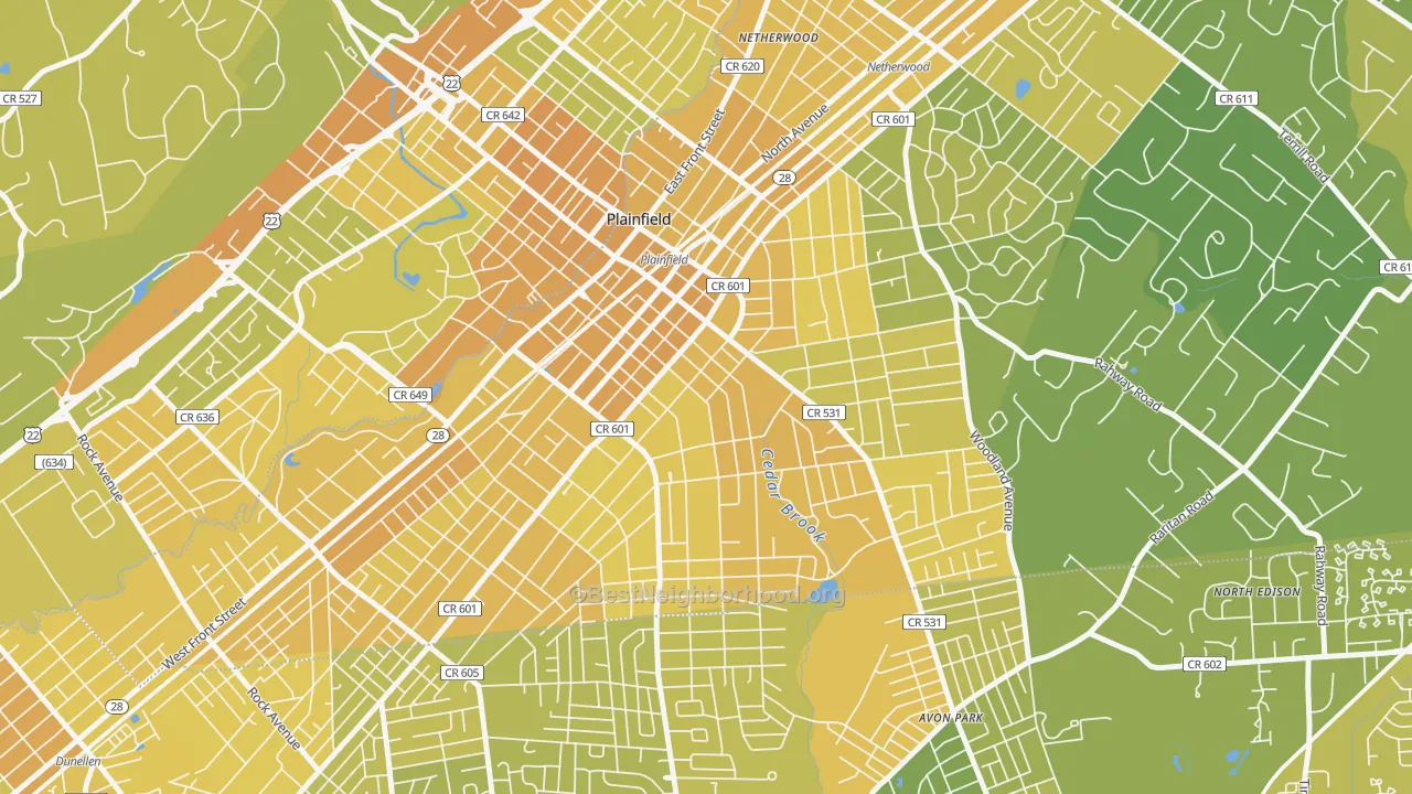 Map of the best neighborhoods in the Van Wyck Brooks Historic District, Plainfield area, with better matches in green and worse matches in red