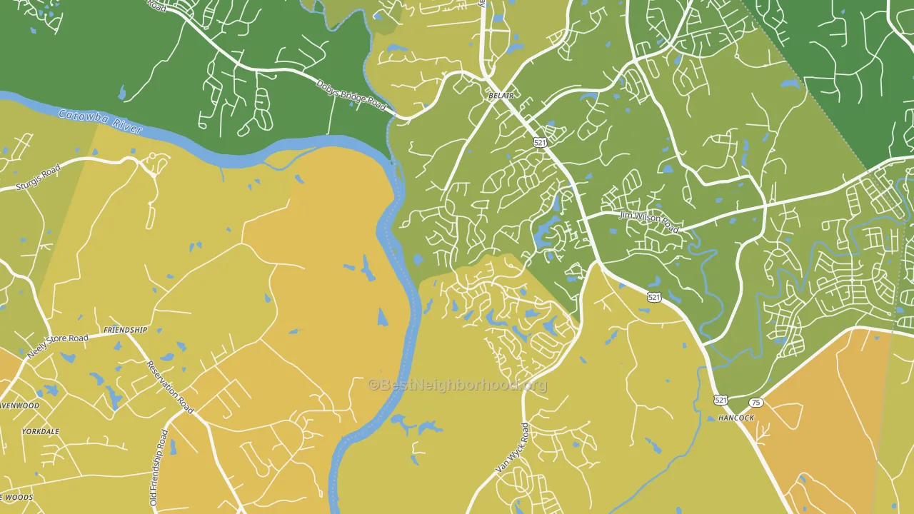 Map of the best neighborhoods in the Van Wyck area, with better matches in green and worse matches in red