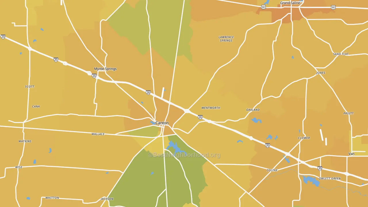 Map of the best neighborhoods in the Van Zandt County area, with better matches in green and worse matches in red